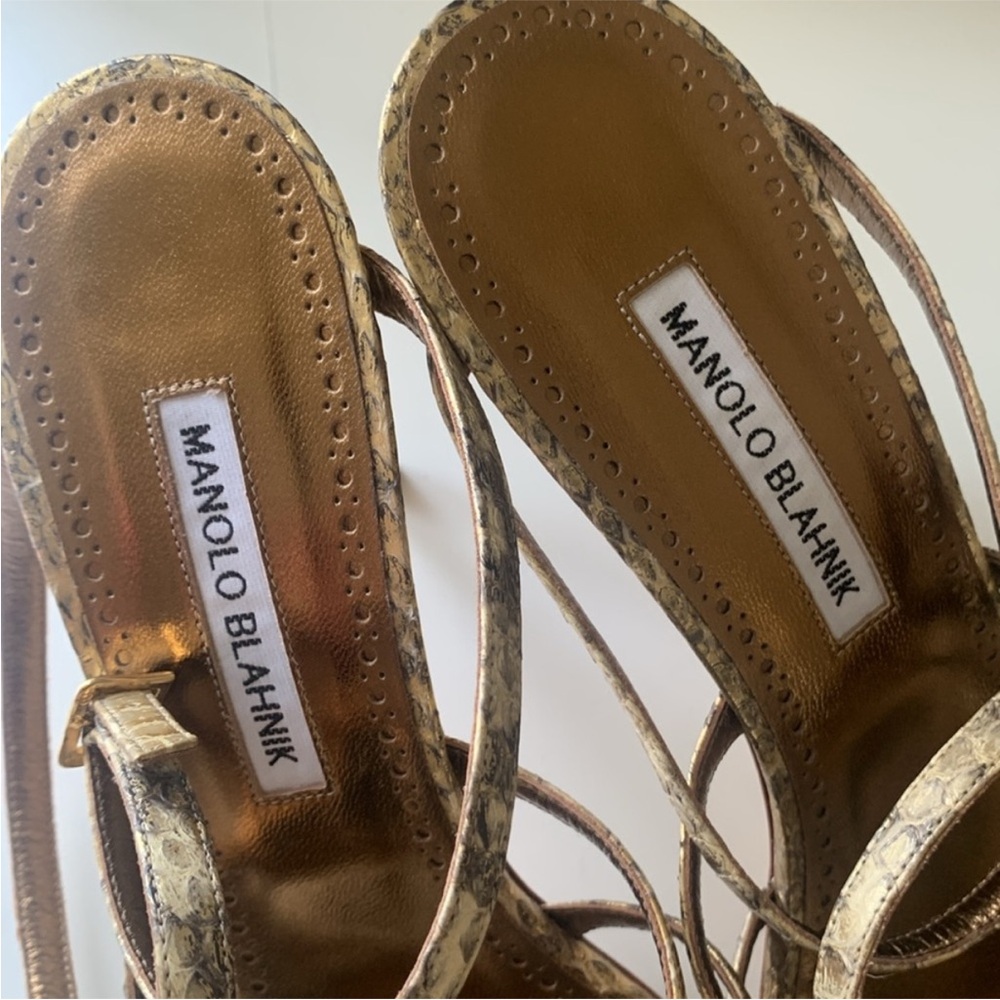 Manolo Blahnik Gold Python Strappy High Heel Sand… - image 7